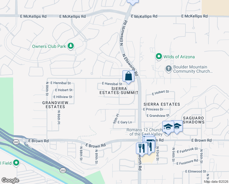 map of restaurants, bars, coffee shops, grocery stores, and more near 9027 East Hobart Street in Mesa
