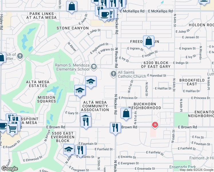 map of restaurants, bars, coffee shops, grocery stores, and more near 1534 North Recker Road in Mesa