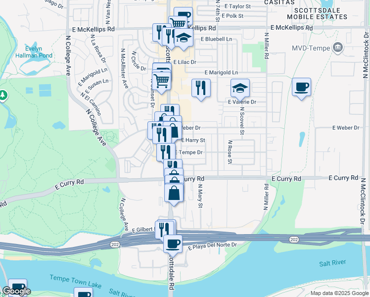 map of restaurants, bars, coffee shops, grocery stores, and more near 1206 North Esther Street in Tempe