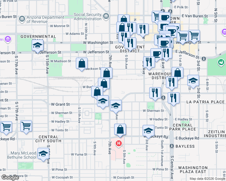 map of restaurants, bars, coffee shops, grocery stores, and more near 453 South 6th Avenue in Phoenix