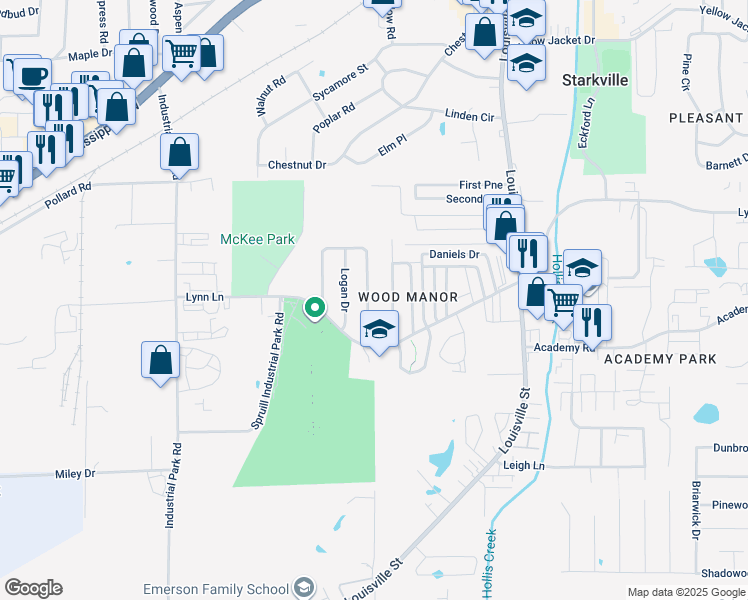 map of restaurants, bars, coffee shops, grocery stores, and more near 110 Logan Drive in Starkville