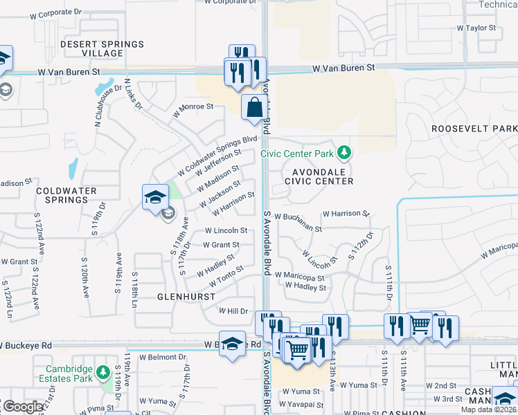 map of restaurants, bars, coffee shops, grocery stores, and more near 321 South 115th Drive in Avondale