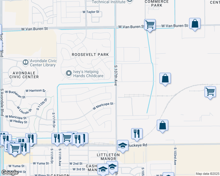 map of restaurants, bars, coffee shops, grocery stores, and more near 10759 West Buchanan Street in Avondale