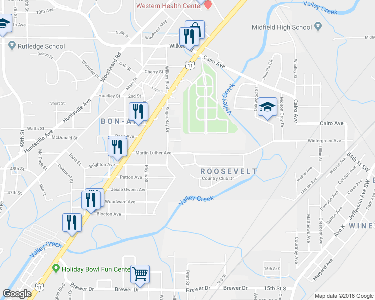 map of restaurants, bars, coffee shops, grocery stores, and more near 5812 Martin Luther Avenue in Birmingham
