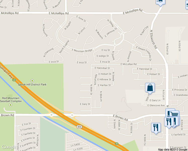 map of restaurants, bars, coffee shops, grocery stores, and more near 1454 North Estrada in Mesa