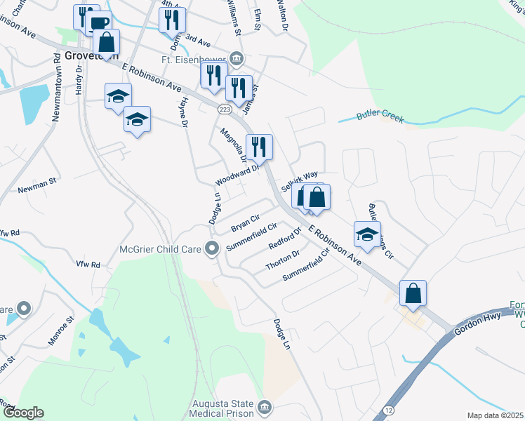 map of restaurants, bars, coffee shops, grocery stores, and more near 915 Bryan Circle in Grovetown