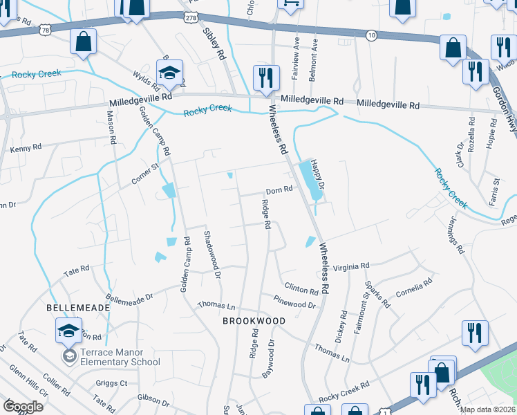 map of restaurants, bars, coffee shops, grocery stores, and more near 2313 Ridge Road in Augusta