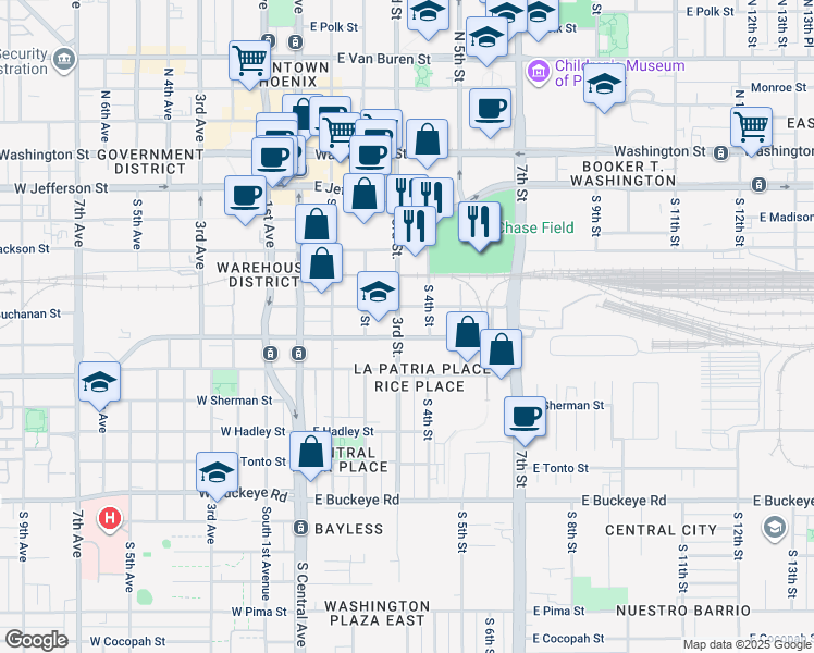 map of restaurants, bars, coffee shops, grocery stores, and more near 521 South 3rd Street in Phoenix
