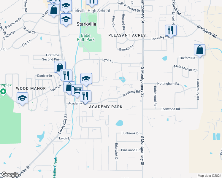 map of restaurants, bars, coffee shops, grocery stores, and more near 117 Charleston Drive in Starkville