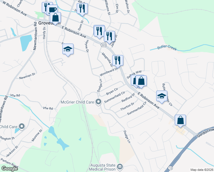 map of restaurants, bars, coffee shops, grocery stores, and more near 839 Bryan Circle in Grovetown