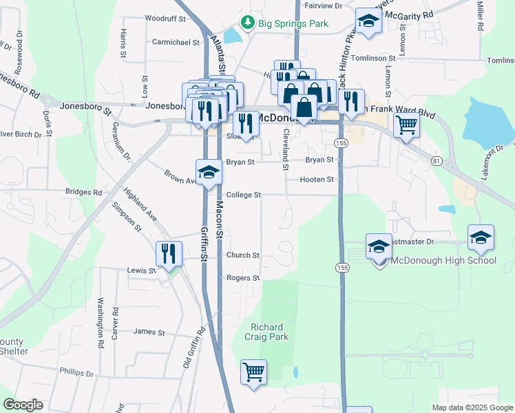 map of restaurants, bars, coffee shops, grocery stores, and more near 201 Rogers Street in McDonough