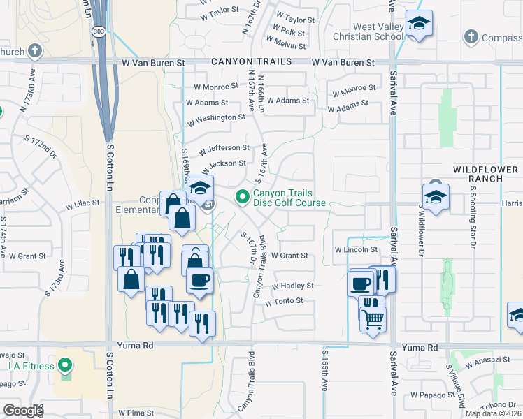 map of restaurants, bars, coffee shops, grocery stores, and more near 481 South 166th Drive in Goodyear