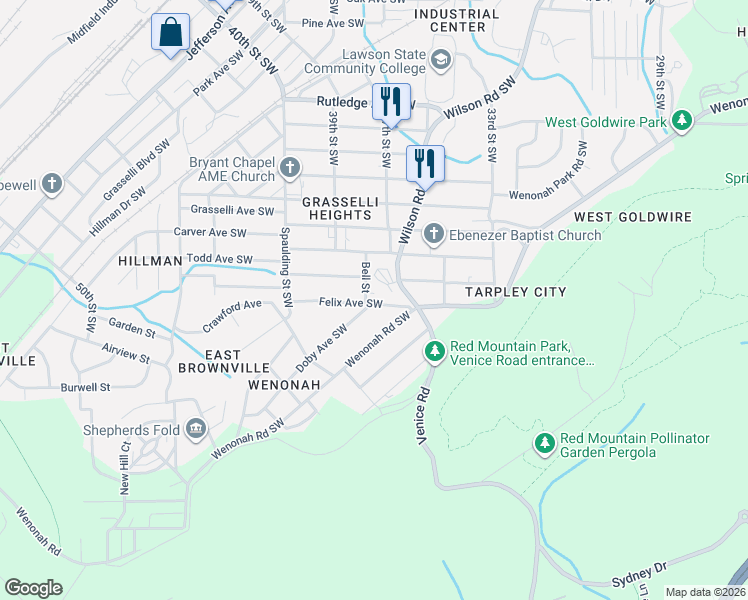 map of restaurants, bars, coffee shops, grocery stores, and more near 3545 37th Street Southwest in Birmingham