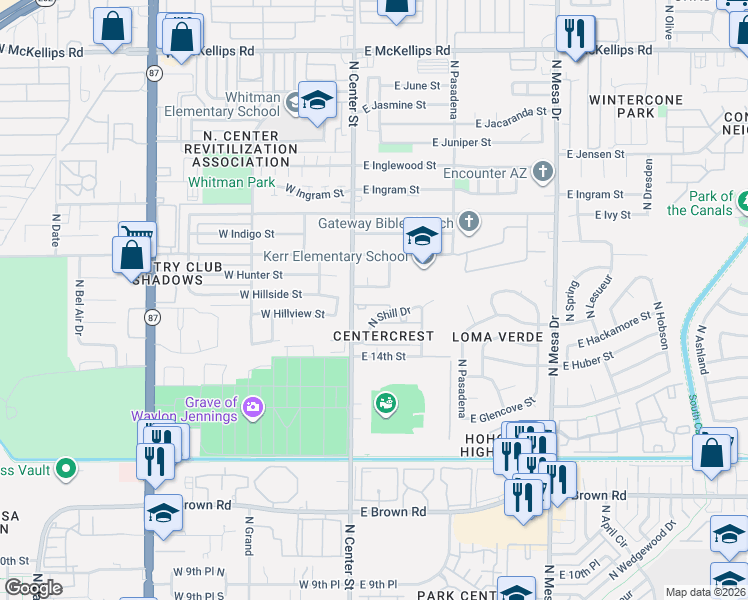 map of restaurants, bars, coffee shops, grocery stores, and more near 1460 North Shill Drive in Mesa