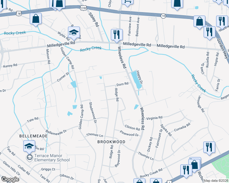 map of restaurants, bars, coffee shops, grocery stores, and more near 2313 Ridge Road in Augusta