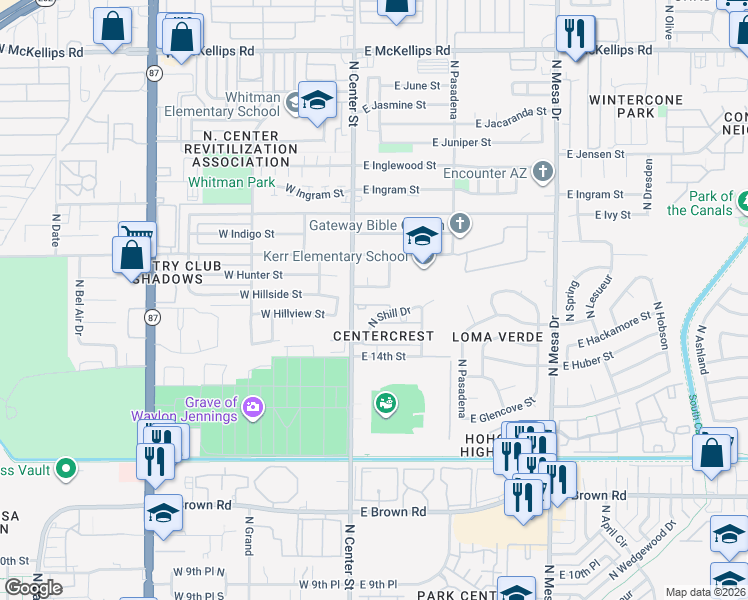 map of restaurants, bars, coffee shops, grocery stores, and more near 1505 North Center Street in Mesa