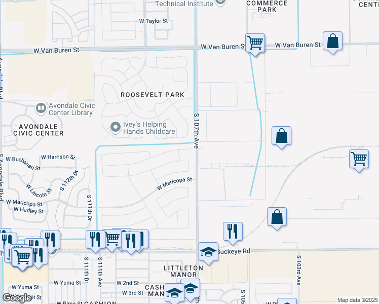 map of restaurants, bars, coffee shops, grocery stores, and more near 10759 West Buchanan Street in Avondale