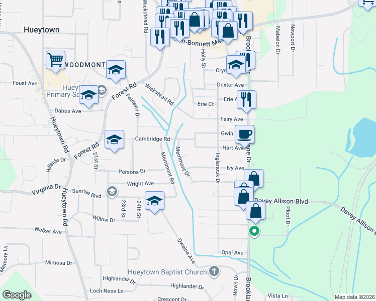 map of restaurants, bars, coffee shops, grocery stores, and more near 764 Belmont Circle in Hueytown