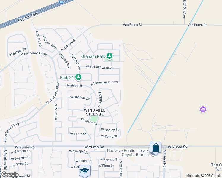 map of restaurants, bars, coffee shops, grocery stores, and more near 19872 West Moonlight Path in Buckeye