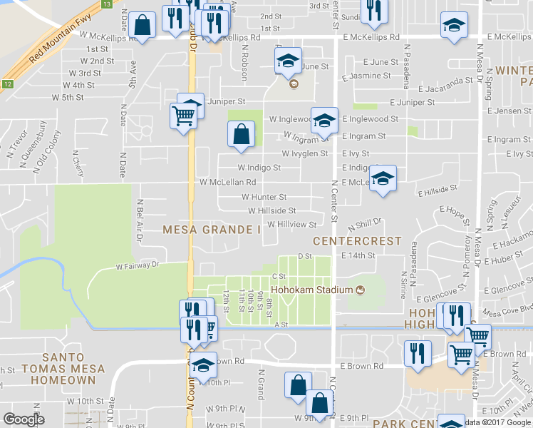 map of restaurants, bars, coffee shops, grocery stores, and more near 161 West Hillside Street in Mesa