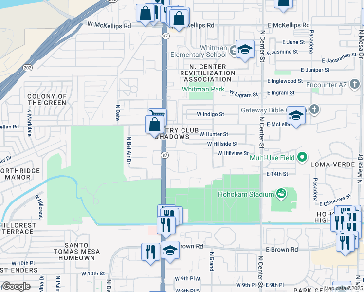 map of restaurants, bars, coffee shops, grocery stores, and more near 281 West Hillside Street in Mesa
