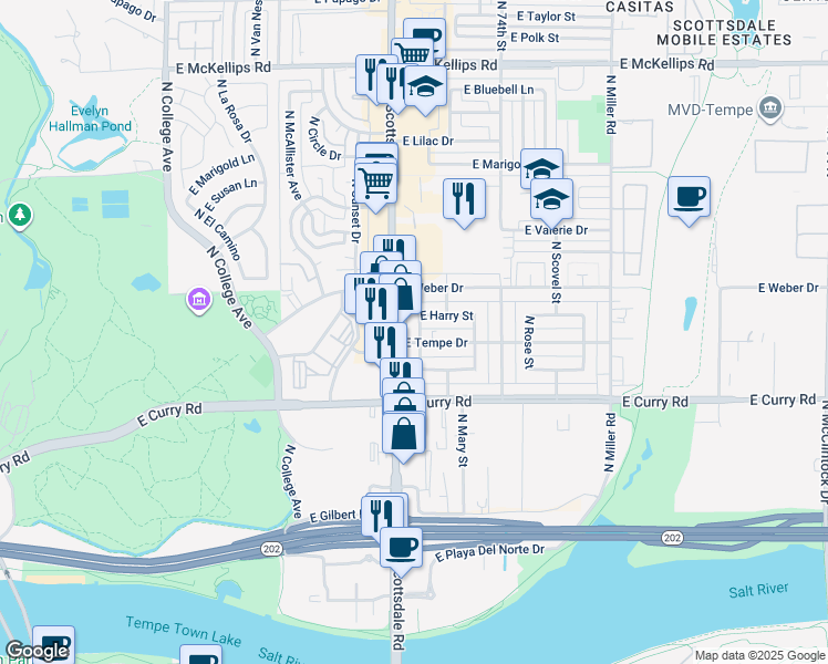 map of restaurants, bars, coffee shops, grocery stores, and more near 1206 North Esther Street in Tempe