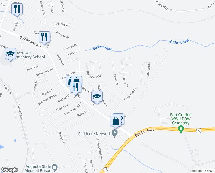map of restaurants, bars, coffee shops, grocery stores, and more near 657 Butler Springs Circle in Grovetown