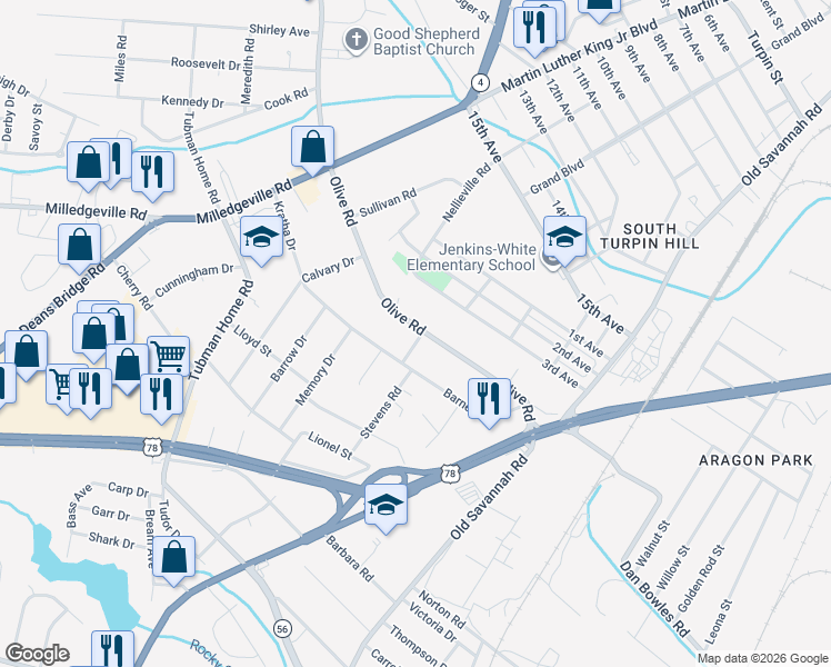 map of restaurants, bars, coffee shops, grocery stores, and more near 1965 Olive Road in Augusta
