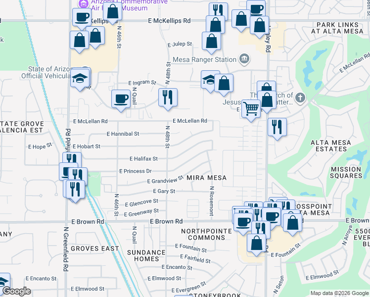 map of restaurants, bars, coffee shops, grocery stores, and more near 4846 E Halifax St in Mesa