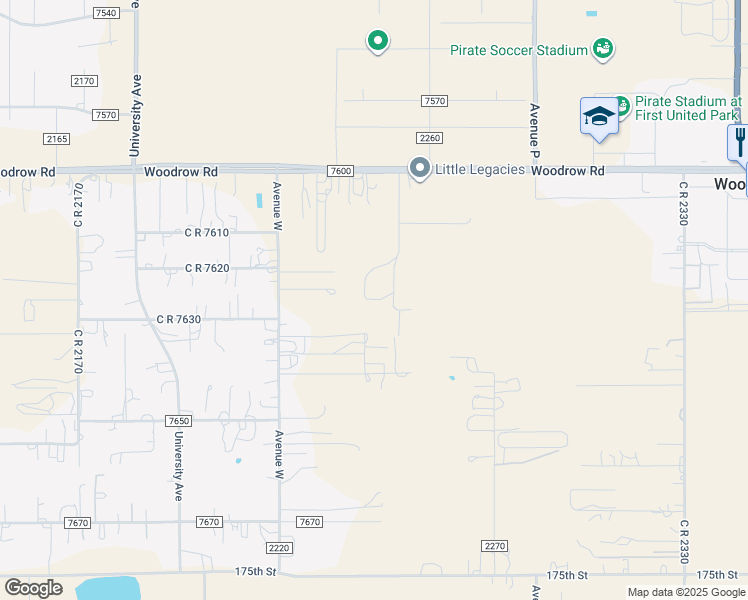 map of restaurants, bars, coffee shops, grocery stores, and more near 2101 Woodrow Road in Lubbock
