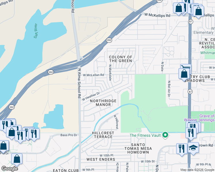 map of restaurants, bars, coffee shops, grocery stores, and more near 1002 West Hickory Street in Mesa