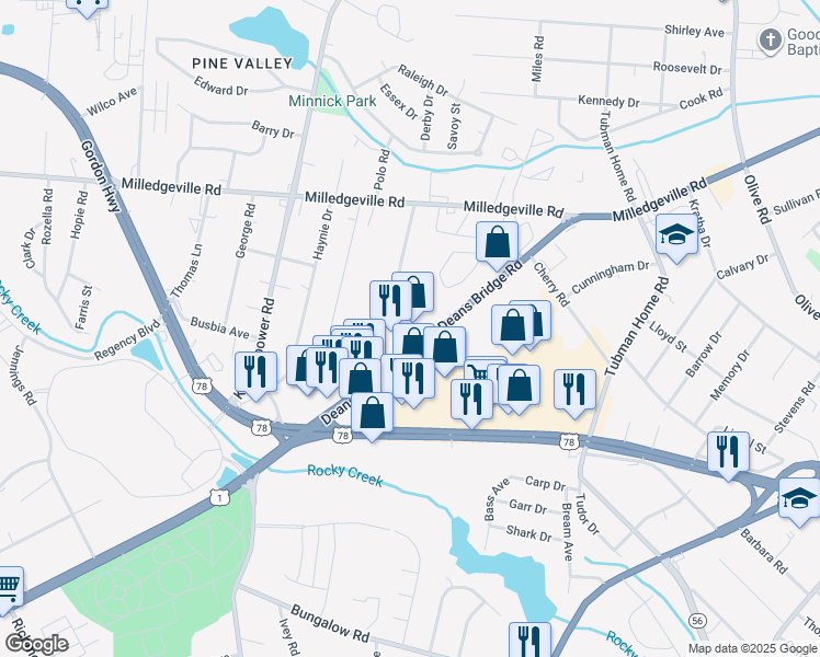map of restaurants, bars, coffee shops, grocery stores, and more near 2549 Deans Bridge Road in Augusta