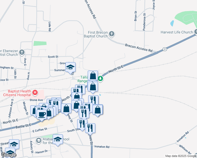 map of restaurants, bars, coffee shops, grocery stores, and more near 936 North Street East in Talladega