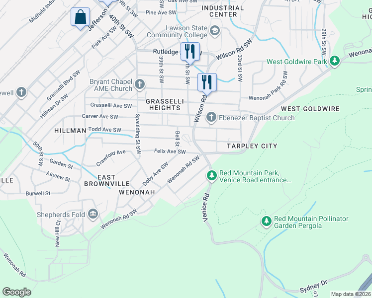 map of restaurants, bars, coffee shops, grocery stores, and more near 3545 37th Street Southwest in Birmingham