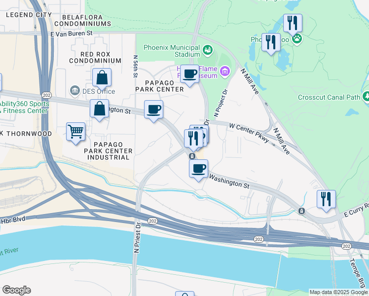 map of restaurants, bars, coffee shops, grocery stores, and more near 1500 North Priest Drive in Tempe