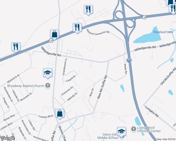 map of restaurants, bars, coffee shops, grocery stores, and more near 3548A Milledgeville Road in Augusta