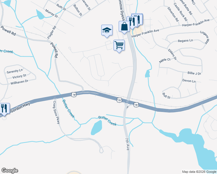 map of restaurants, bars, coffee shops, grocery stores, and more near 2593 Gordon Highway in Augusta