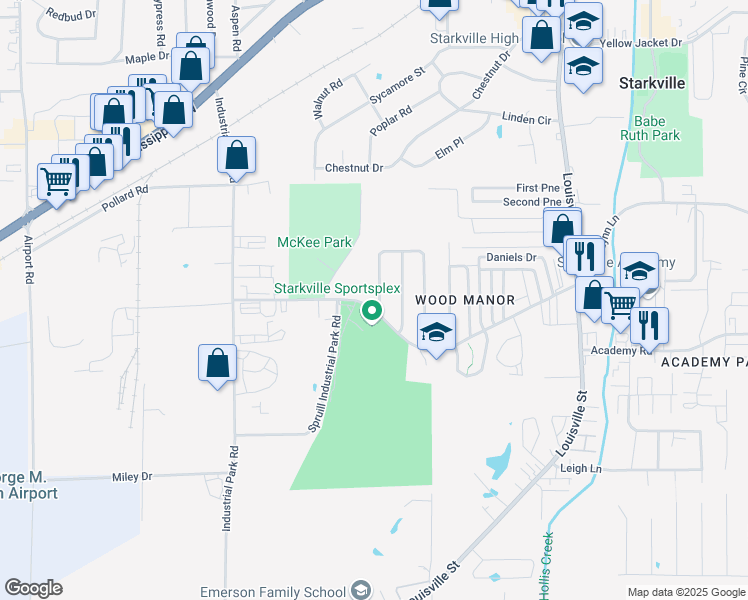 map of restaurants, bars, coffee shops, grocery stores, and more near 242 Helen Circle in Starkville