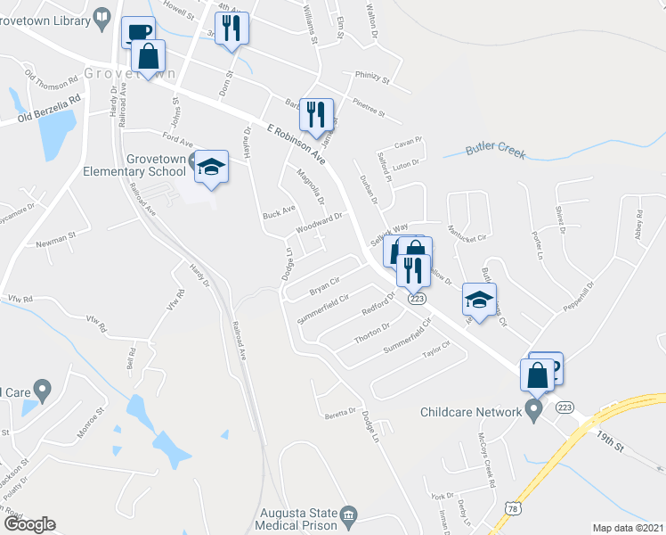 map of restaurants, bars, coffee shops, grocery stores, and more near 818 Bryan Circle in Grovetown