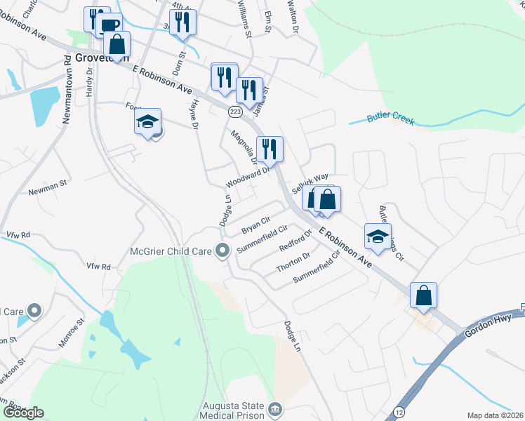 map of restaurants, bars, coffee shops, grocery stores, and more near 915 Bryan Circle in Grovetown