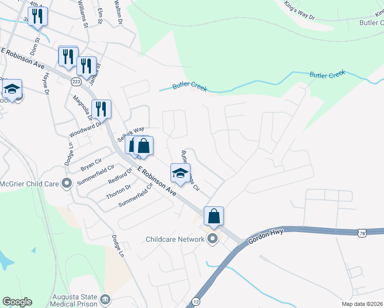 map of restaurants, bars, coffee shops, grocery stores, and more near 640 Butler Springs Circle in Grovetown
