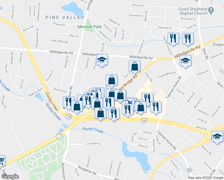 map of restaurants, bars, coffee shops, grocery stores, and more near 2549 Deans Bridge Road in Augusta