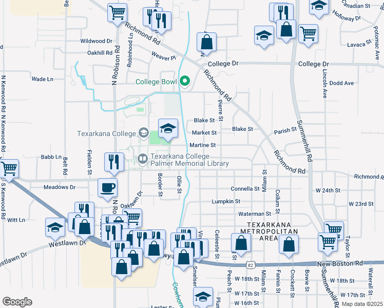 map of restaurants, bars, coffee shops, grocery stores, and more near 704 Robbins Street in Texarkana