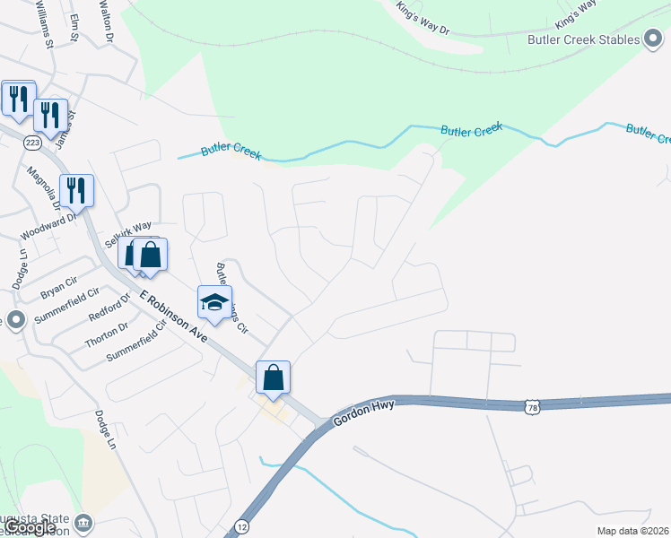 map of restaurants, bars, coffee shops, grocery stores, and more near 800 Shirez Drive in Grovetown