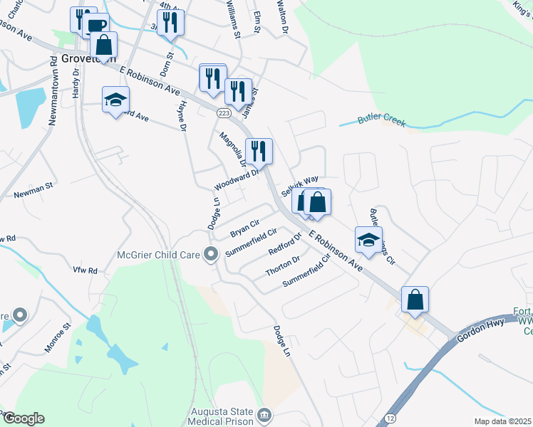 map of restaurants, bars, coffee shops, grocery stores, and more near 903 Bryan Circle in Grovetown