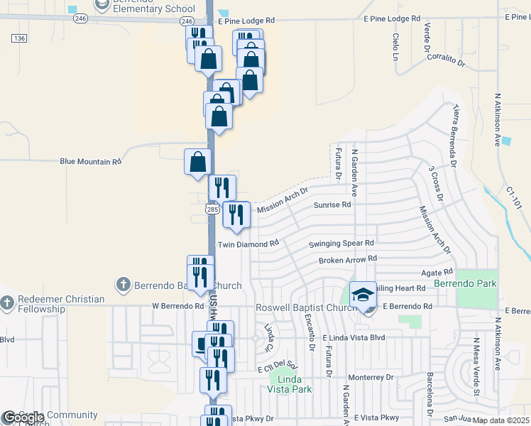 map of restaurants, bars, coffee shops, grocery stores, and more near 306 Mission Arch Drive in Roswell