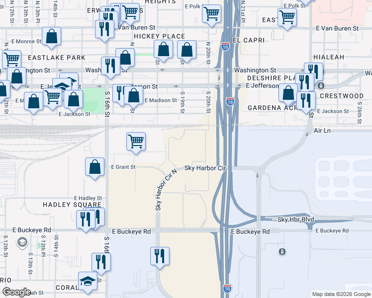 map of restaurants, bars, coffee shops, grocery stores, and more near 1944 East Sky Harbor Circle North in Phoenix