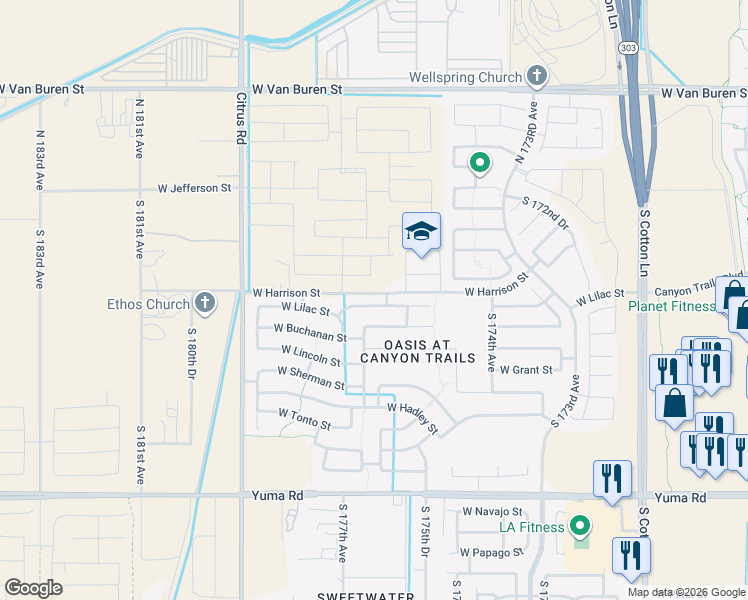 map of restaurants, bars, coffee shops, grocery stores, and more near 17624 West Lilac Street in Goodyear