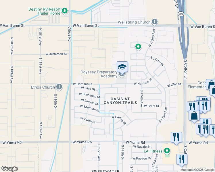 map of restaurants, bars, coffee shops, grocery stores, and more near 17624 West Lilac Street in Goodyear