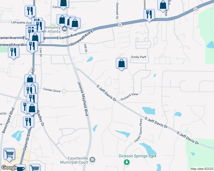 map of restaurants, bars, coffee shops, grocery stores, and more near Clarendon Place in Fayetteville